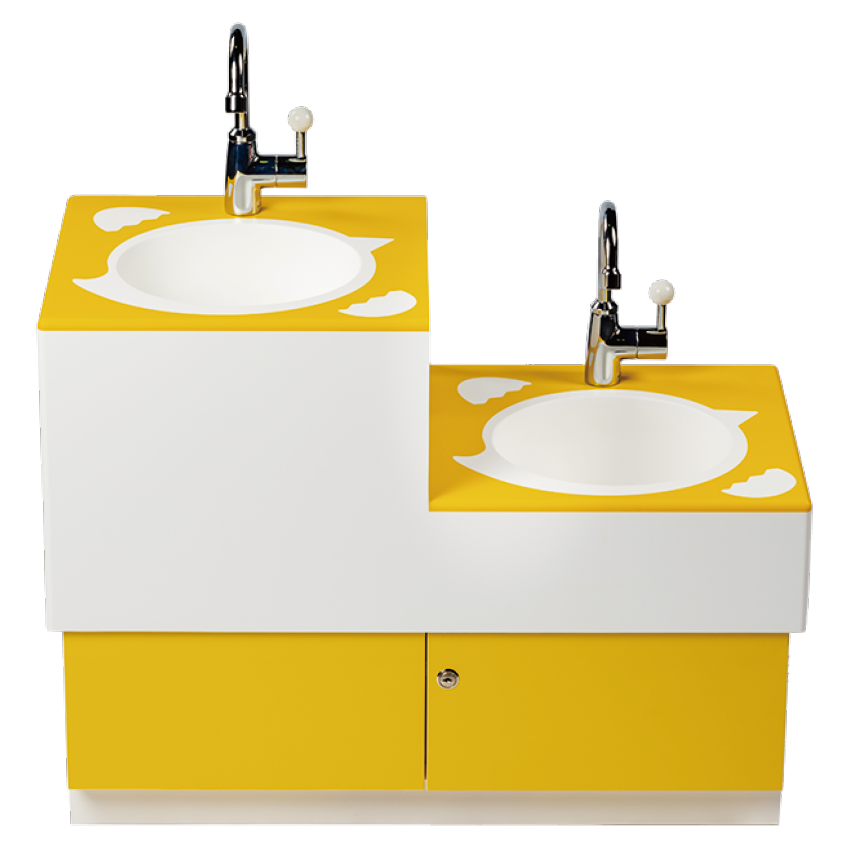 並んで手を洗う中で自然な交流が生まれるよう、奥行きや形状を工夫。